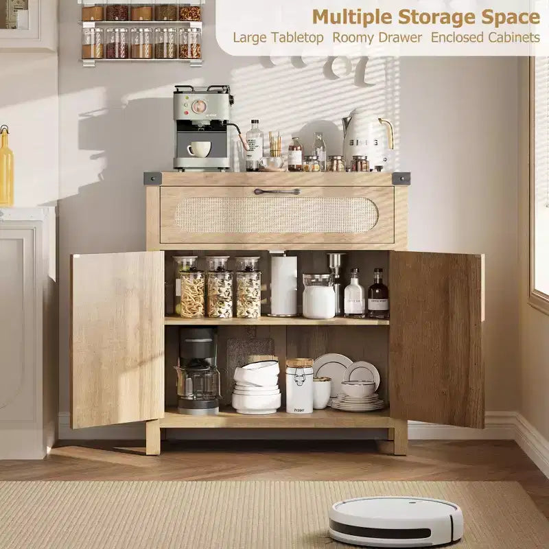 Credenza con finiture in rattan - Mobile buffet in legno naturale con cassetto e ripiani regolabili per sala da pranzo/soggiorno/cucina
