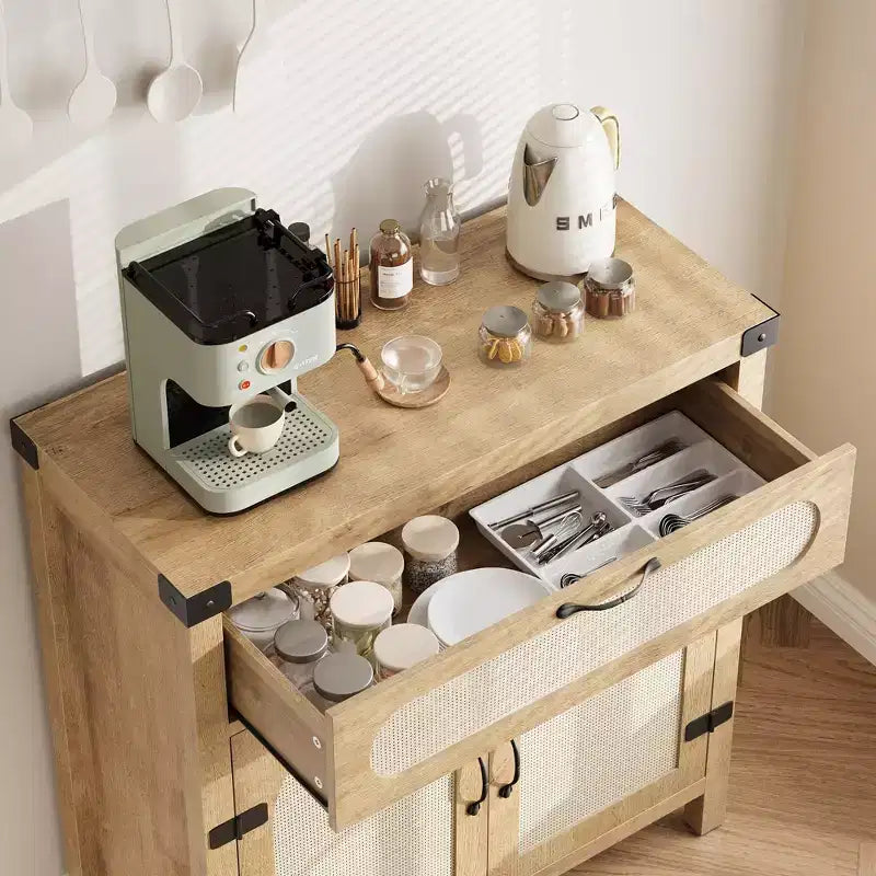 Credenza con finiture in rattan - Mobile buffet in legno naturale con cassetto e ripiani regolabili per sala da pranzo/soggiorno/cucina