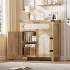 Credenza con finiture in rattan - Mobile buffet in legno naturale con cassetto e ripiani regolabili per sala da pranzo/soggiorno/cucina