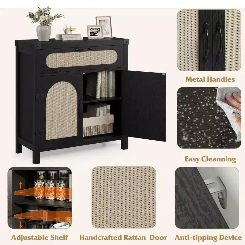 Credenza con finiture in rattan - Mobile buffet in legno naturale con cassetto e ripiani regolabili per sala da pranzo/soggiorno/cucina