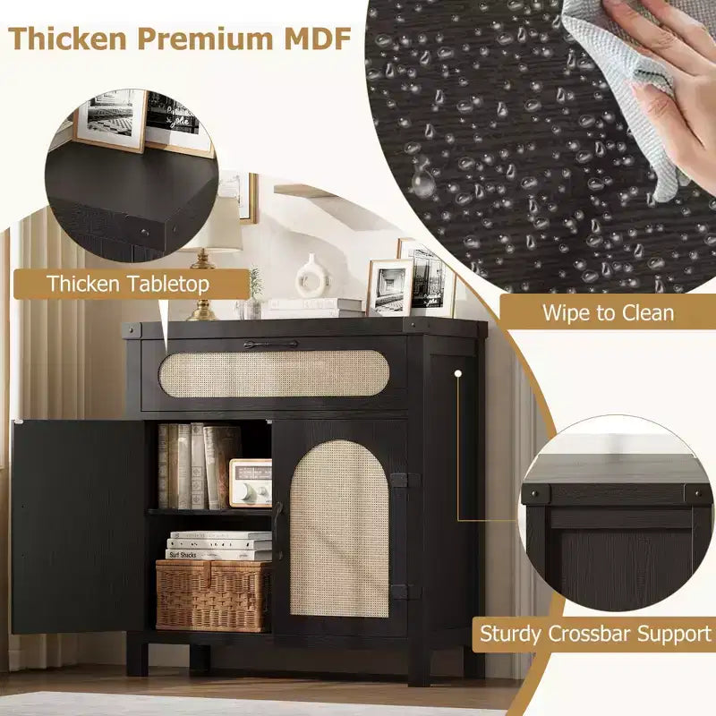Credenza con finiture in rattan - Mobile buffet in legno naturale con cassetto e ripiani regolabili per sala da pranzo/soggiorno/cucina
