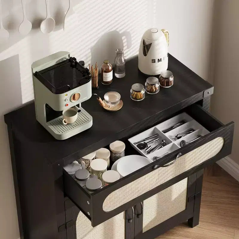 Credenza con finiture in rattan - Mobile buffet in legno naturale con cassetto e ripiani regolabili per sala da pranzo/soggiorno/cucina