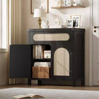 Credenza con finiture in rattan - Mobile buffet in legno naturale con cassetto e ripiani regolabili per sala da pranzo/soggiorno/cucina
