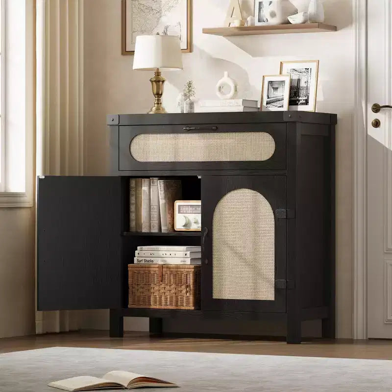 Credenza con finiture in rattan - Mobile buffet in legno naturale con cassetto e ripiani regolabili per sala da pranzo/soggiorno/cucina