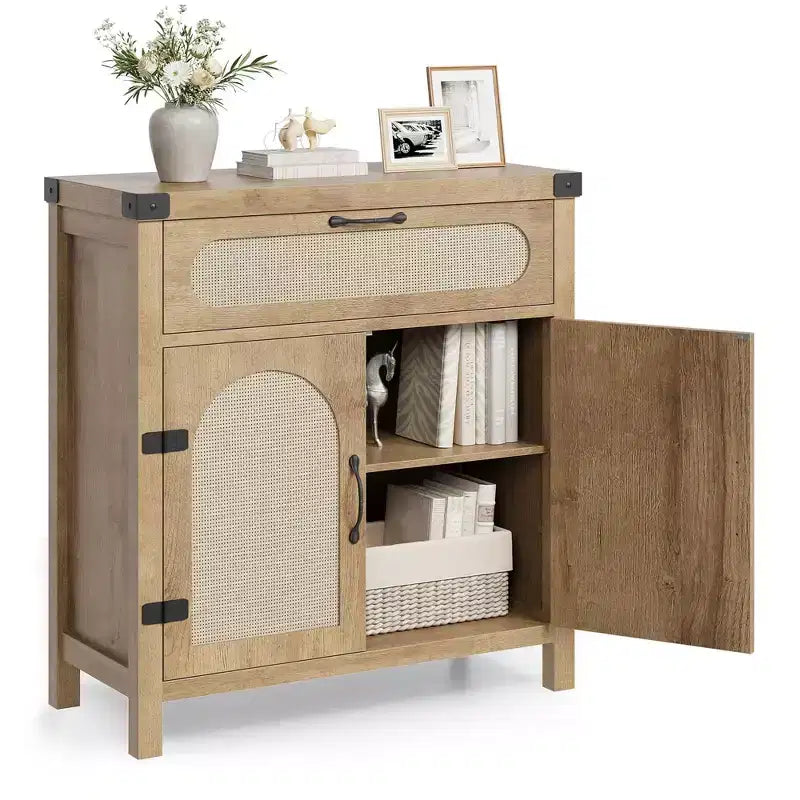 Credenza con finiture in rattan - Mobile buffet in legno naturale con cassetto e ripiani regolabili per sala da pranzo/soggiorno/cucina