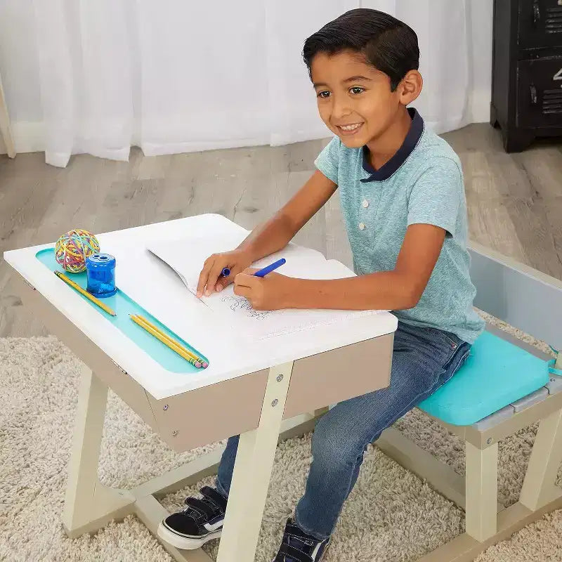 HomeStock Scrivania da studio in legno per bambini con contenitore, tavolo a misura di bambino per l'apprendimento e le attività creative