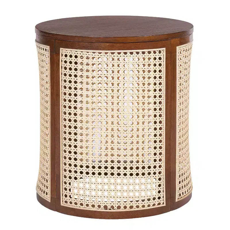 Tavolino rotondo in rattan con gambe in legno massiccio, tavolino d'appoggio da 15,7" - ModernLuxe