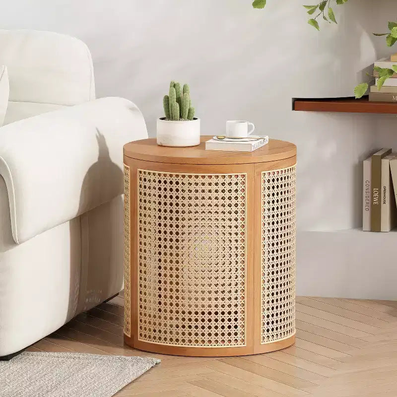 Tavolino rotondo in rattan con gambe in legno massiccio, tavolino d'appoggio da 15,7" - ModernLuxe