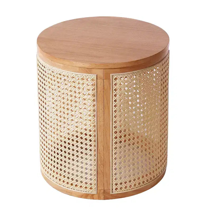 Tavolino rotondo in rattan con gambe in legno massiccio, tavolino d'appoggio da 15,7" - ModernLuxe