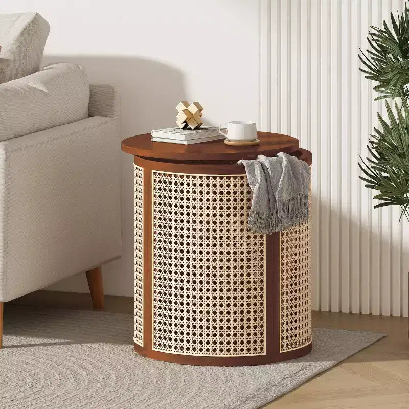 Tavolino rotondo in rattan con gambe in legno massiccio, tavolino d'appoggio da 15,7" - ModernLuxe