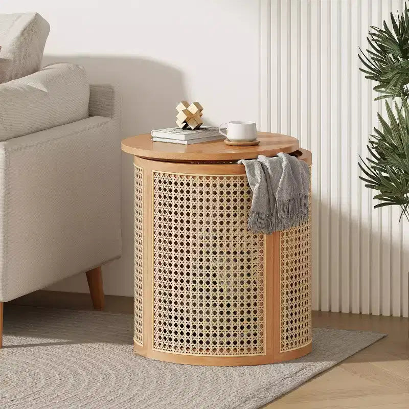 Tavolino rotondo in rattan con gambe in legno massiccio, tavolino d'appoggio da 15,7" - ModernLuxe