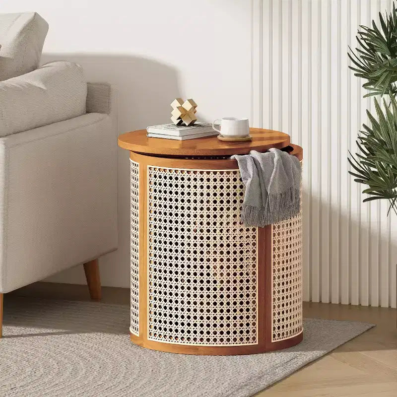 Tavolino rotondo in rattan con gambe in legno massiccio, tavolino d'appoggio da 15,7" - ModernLuxe