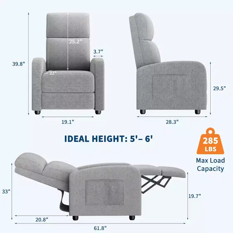 Poltrona reclinabile manuale in tessuto di lino, con schienale alto, cuscino spesso, reclinazione a spinta, sedia a sdraio per soggiorno, home theater, camera da letto