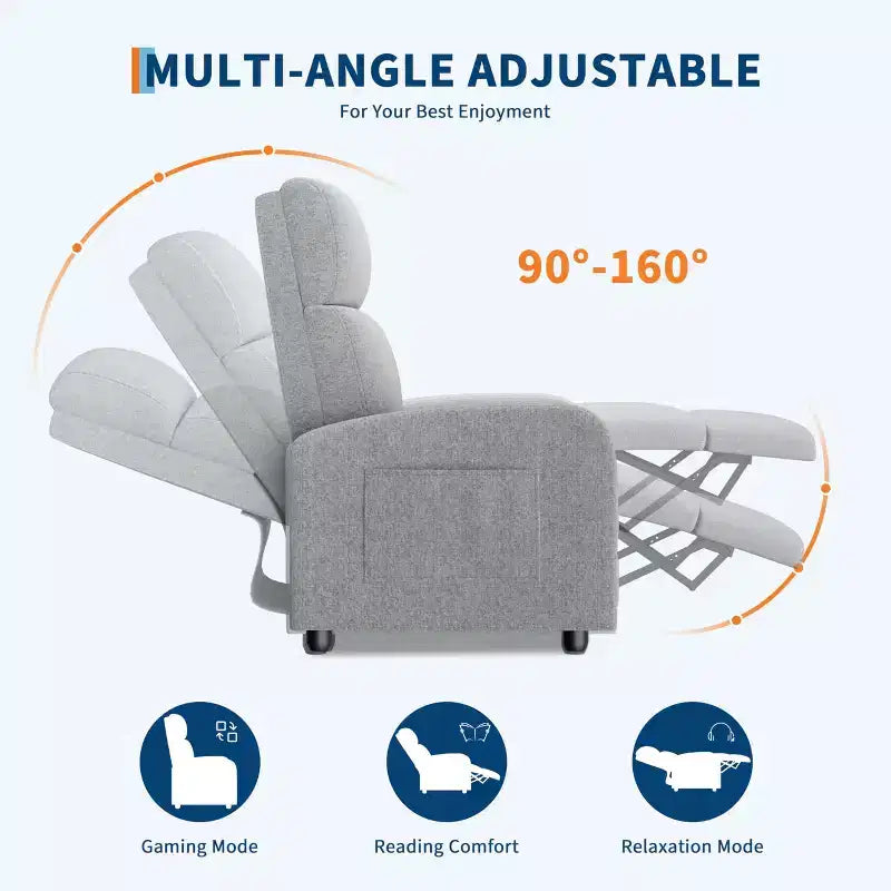 Poltrona reclinabile manuale in tessuto di lino, con schienale alto, cuscino spesso, reclinazione a spinta, sedia a sdraio per soggiorno, home theater, camera da letto