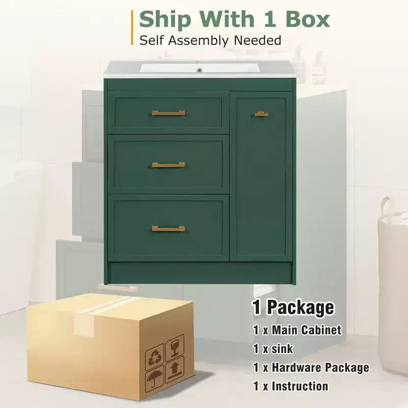 Mobiletto da bagno da 76 cm con lavello incorporato e cassetti salvaspazio, di colore verde