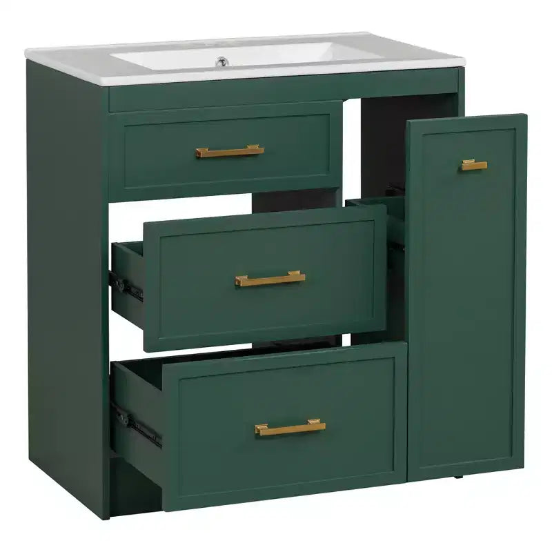 Mobiletto da bagno da 76 cm con lavello incorporato e cassetti salvaspazio, di colore verde