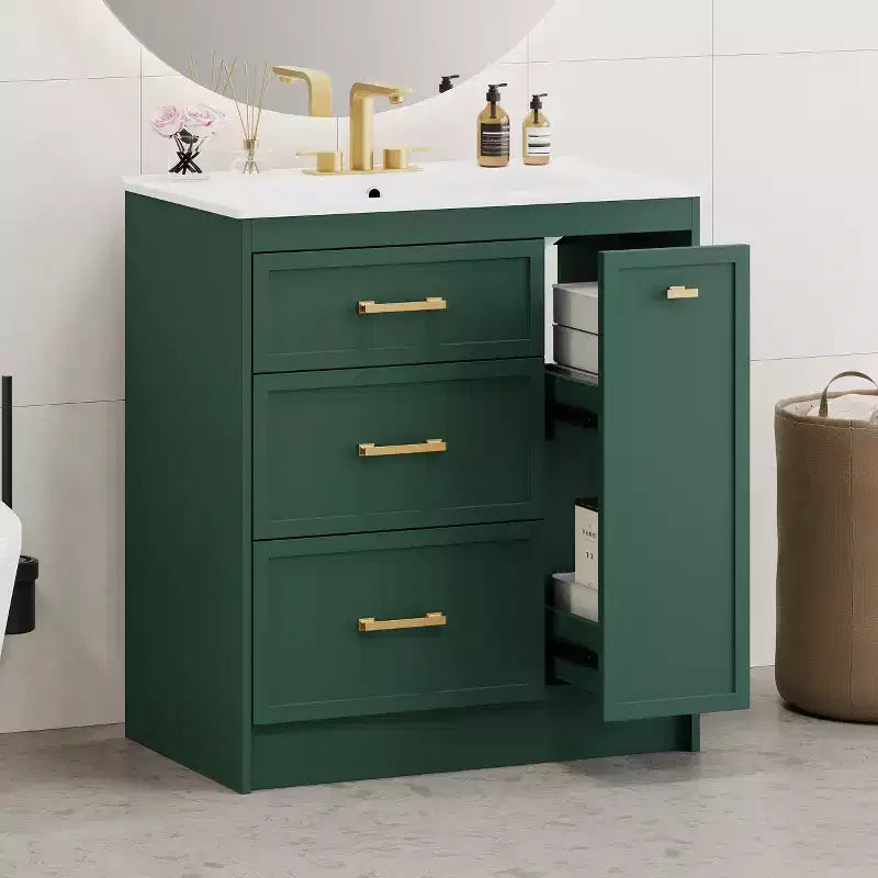 Mobiletto da bagno da 76 cm con lavello incorporato e cassetti salvaspazio, di colore verde