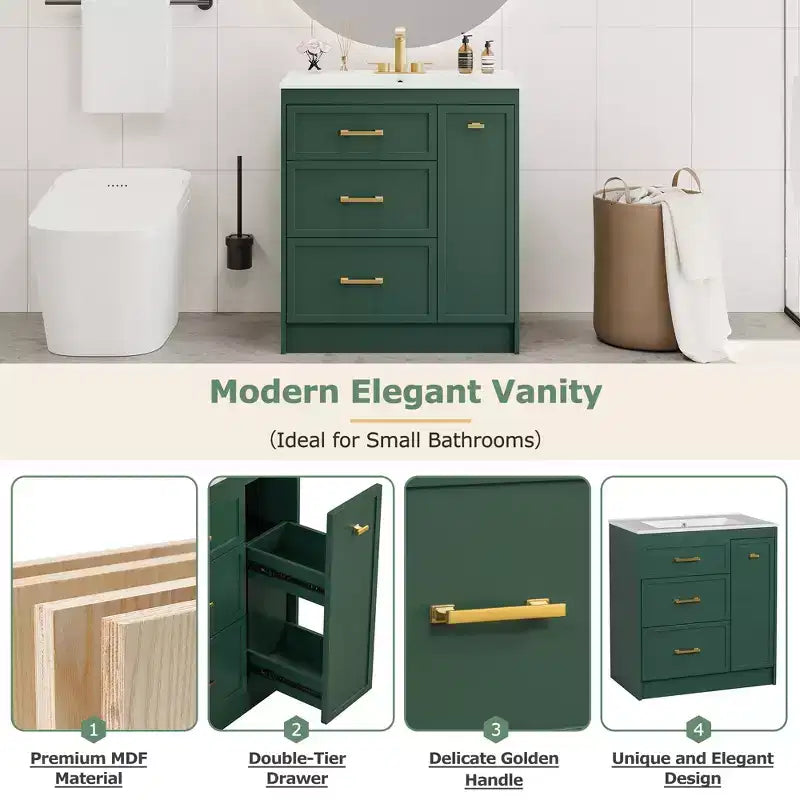 Mobiletto da bagno da 76 cm con lavello incorporato e cassetti salvaspazio, di colore verde