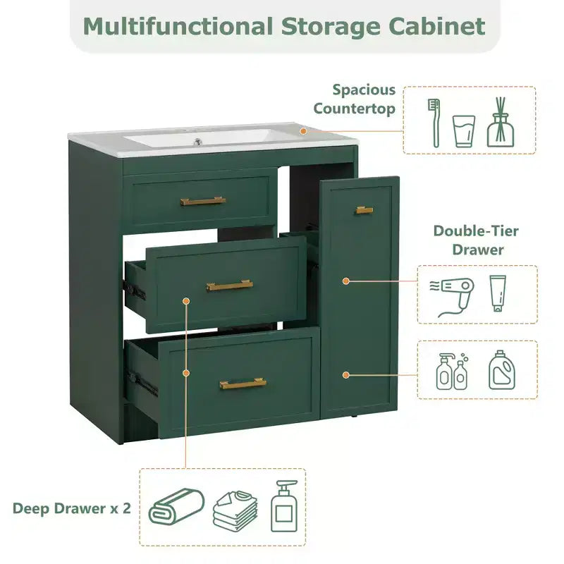 Mobiletto da bagno da 76 cm con lavello incorporato e cassetti salvaspazio, di colore verde