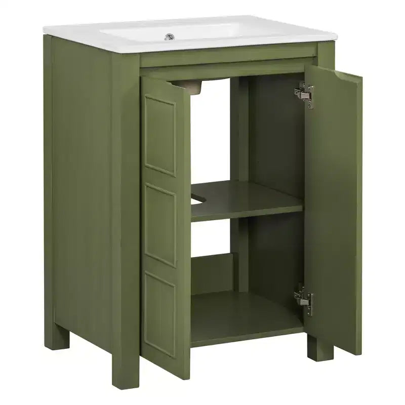 Mobile bagno piccolo 60 cm con ante a chiusura ammortizzata, Mobiletti bagno autoportanti con ripiano regolabile, Verde Oliva