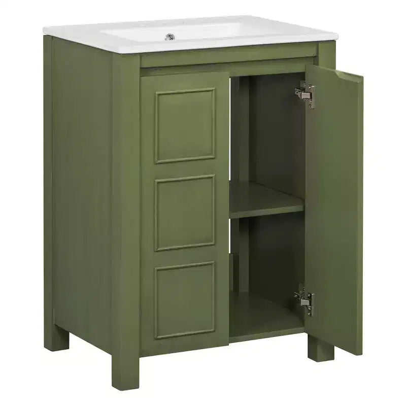 Mobile bagno piccolo 60 cm con ante a chiusura ammortizzata, Mobiletti bagno autoportanti con ripiano regolabile, Verde Oliva