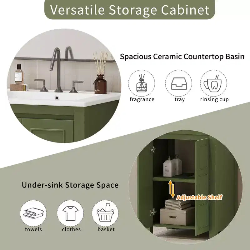 Mobile bagno piccolo 60 cm con ante a chiusura ammortizzata, Mobiletti bagno autoportanti con ripiano regolabile, Verde Oliva