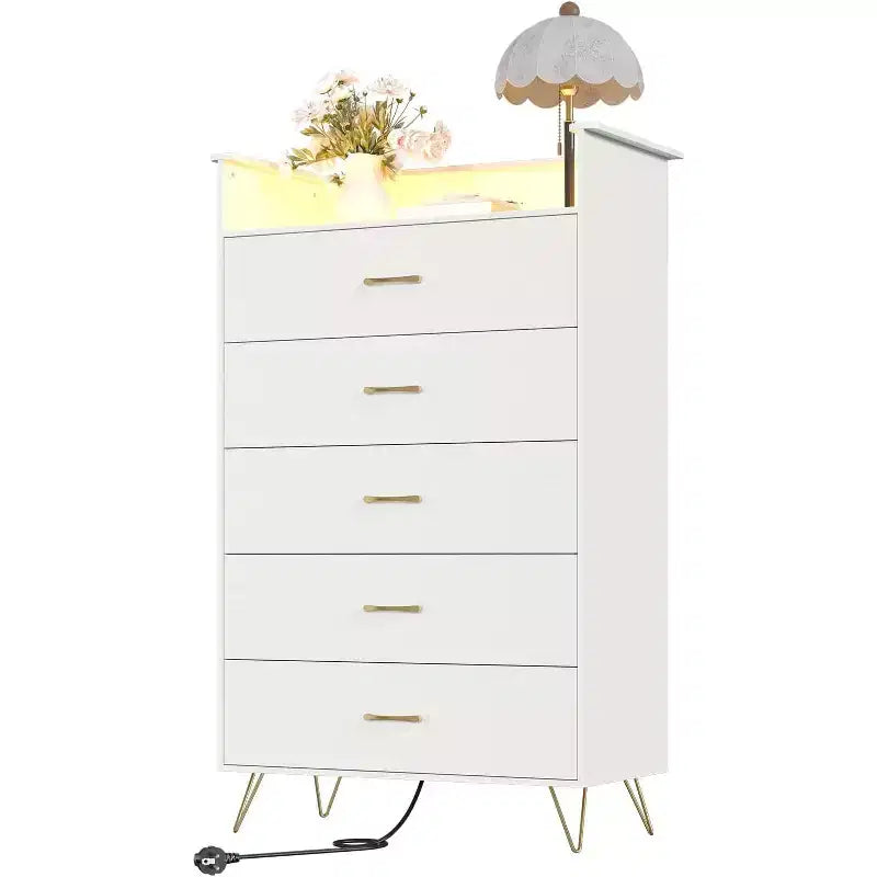 Comò alto moderno a 5 cassetti per camera da letto, cassettiera in legno con guide a chiusura silenziosa, organizer da ingresso bianco resistente all'acqua