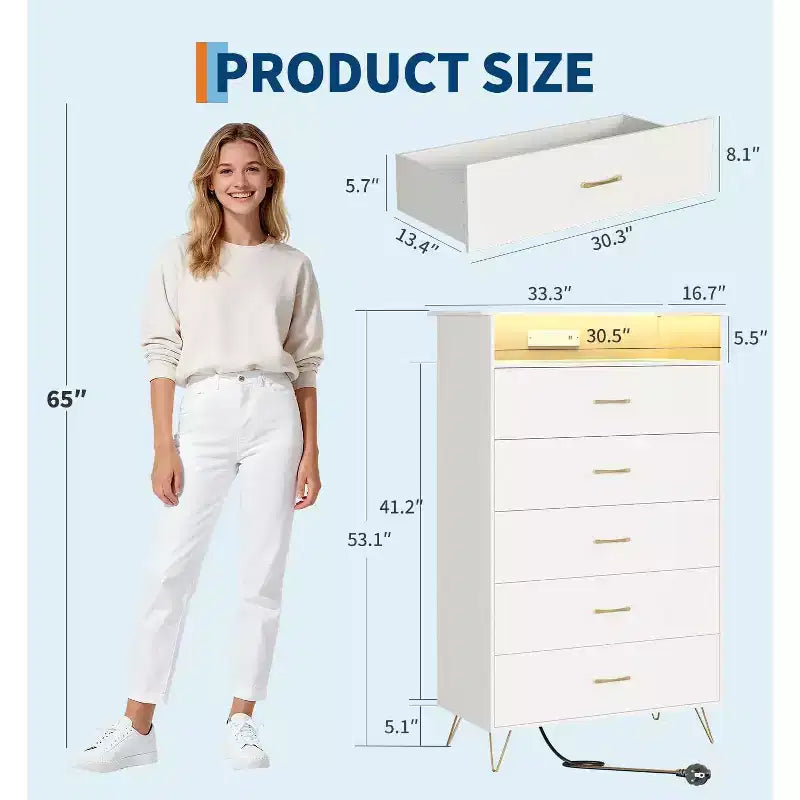 Comò alto moderno a 5 cassetti per camera da letto, cassettiera in legno con guide a chiusura silenziosa, organizer da ingresso bianco resistente all'acqua