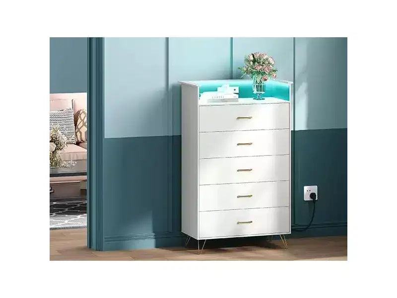 Comò alto moderno a 5 cassetti per camera da letto, cassettiera in legno con guide a chiusura silenziosa, organizer da ingresso bianco resistente all'acqua