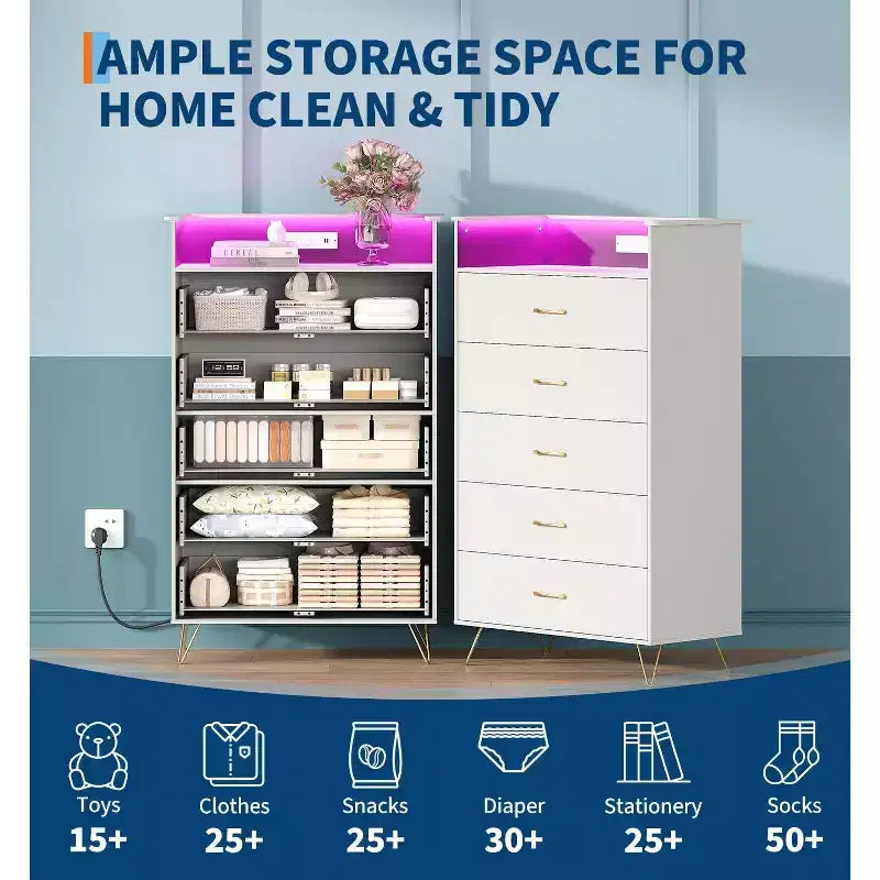 Comò alto moderno a 5 cassetti per camera da letto, cassettiera in legno con guide a chiusura silenziosa, organizer da ingresso bianco resistente all'acqua
