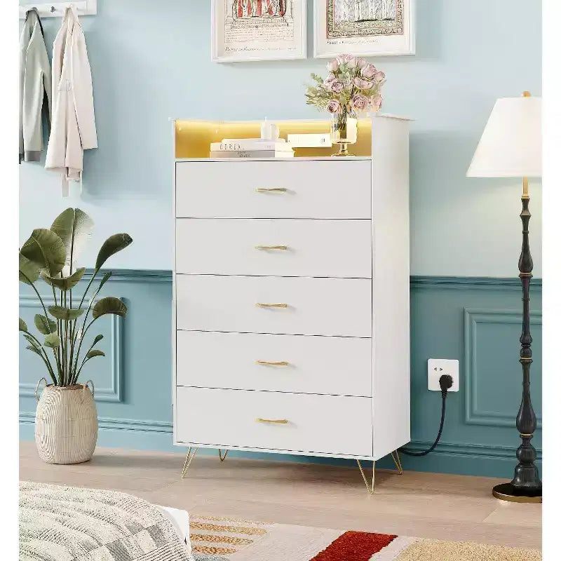 Comò alto moderno a 5 cassetti per camera da letto, cassettiera in legno con guide a chiusura silenziosa, organizer da ingresso bianco resistente all'acqua