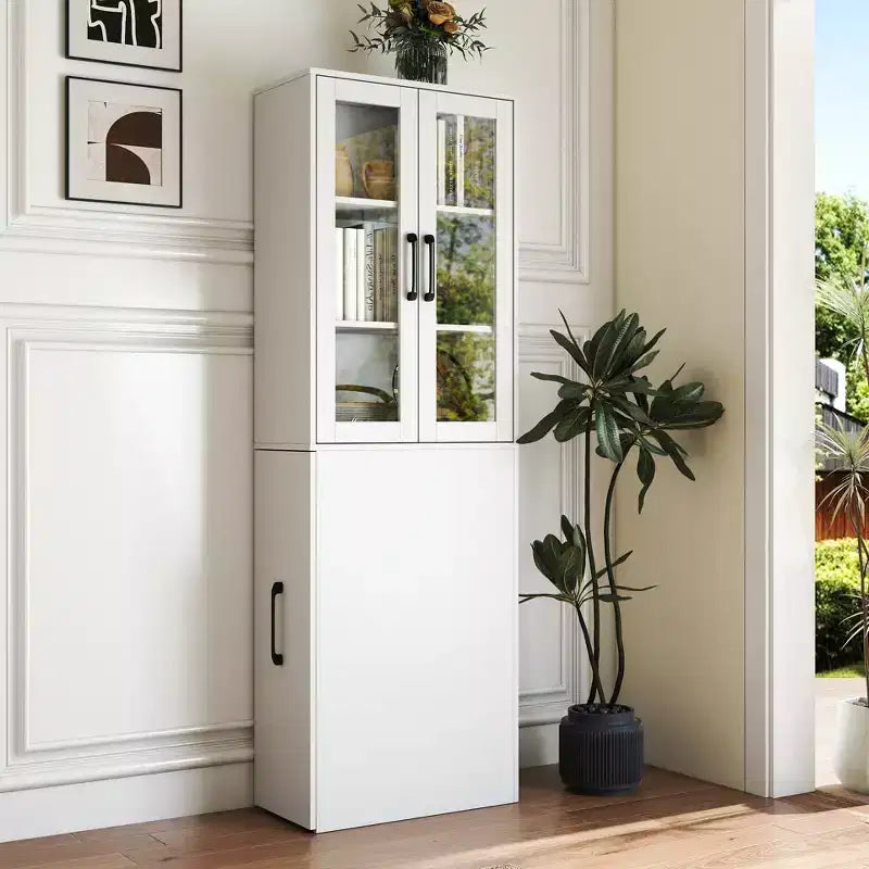 Mobile credenza da 180 cm con ripiano estraibile multi-funzionale a 4 livelli e 2 ante in vetro, dispensa da cucina moderna in legno per soggiorno e sala da pranzo