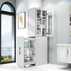 Mobile credenza da 180 cm con ripiano estraibile multi-funzionale a 4 livelli e 2 ante in vetro, dispensa da cucina moderna in legno per soggiorno e sala da pranzo