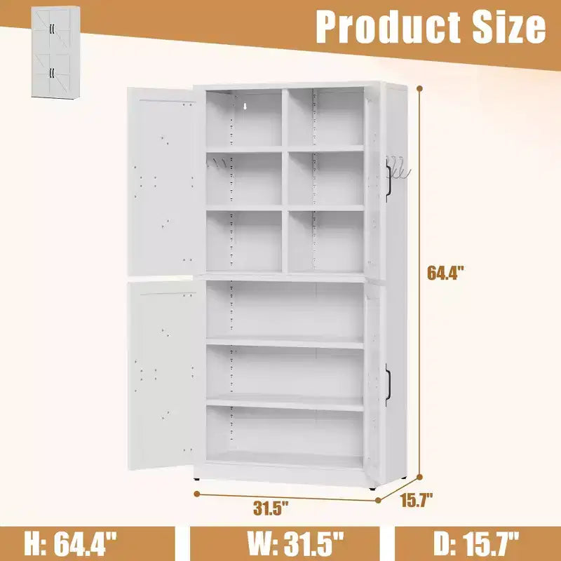 VIYET 64H Armadio Dispensa in Acciaio Bianco Resistente, Ripiani Regolabili da 25 kg/Ripiano + Anta Magnetica, per Cucina/Bagno/Soggiorno