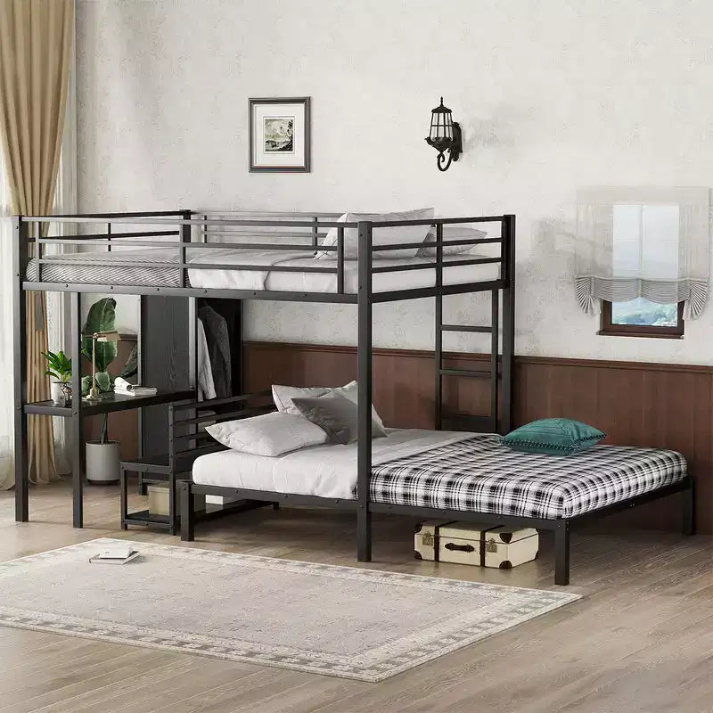 Letto a castello con scrivania, armadio e cassetto contenitore sotto il letto, letto a soppalco salvaspazio per camerette piccole
