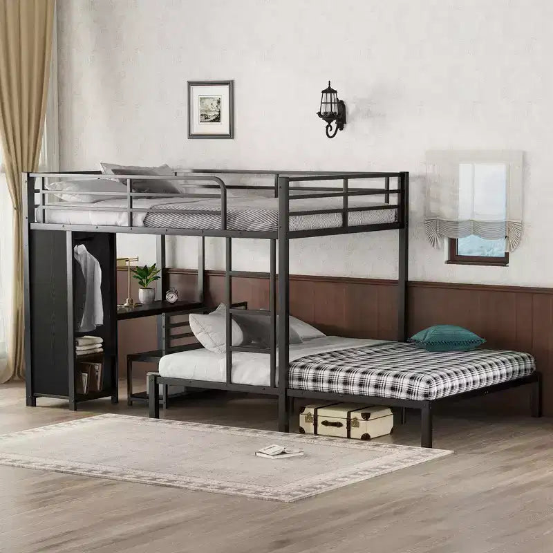 Letto a castello con scrivania, armadio e cassetto contenitore sotto il letto, letto a soppalco salvaspazio per camerette piccole