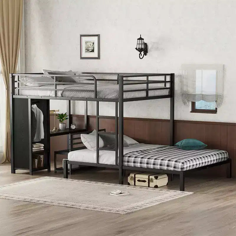 Letto a castello con scrivania, armadio e cassetto contenitore sotto il letto, letto a soppalco salvaspazio per camerette piccole