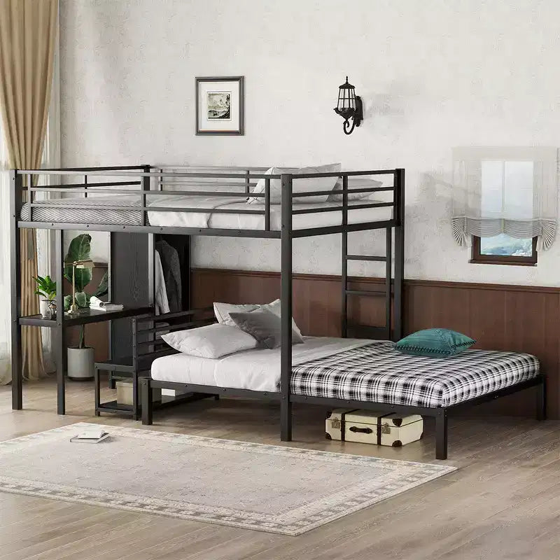 Letto a castello con scrivania, armadio e cassetto contenitore sotto il letto, letto a soppalco salvaspazio per camerette piccole