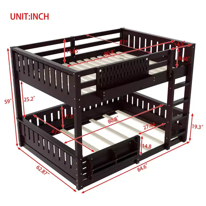 Struttura letto a castello con scaletta, spondine, pannello forato e libreria, nessun boxspring necessario (Twin XL/Full XL/Queen su Queen) - ModernLuxe