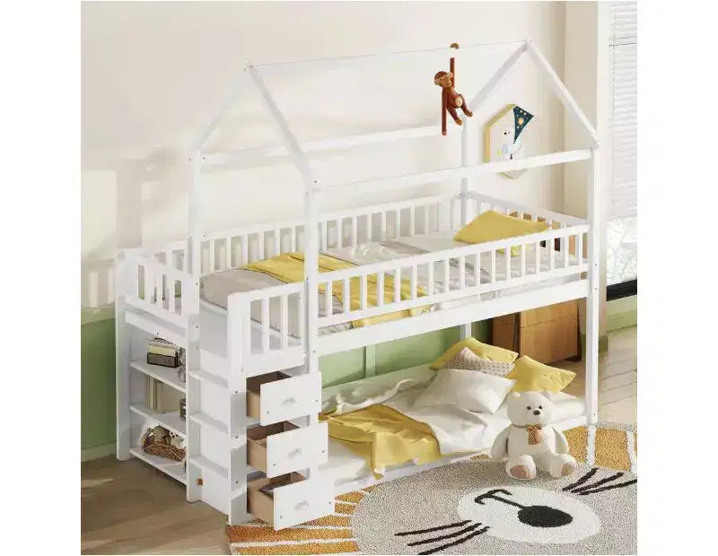 Letto a soppalco in legno con tetto, letto singolo per bambini e ragazzi, protezione anticaduta, sponda di sicurezza, scale con contenitore, letto per bambini