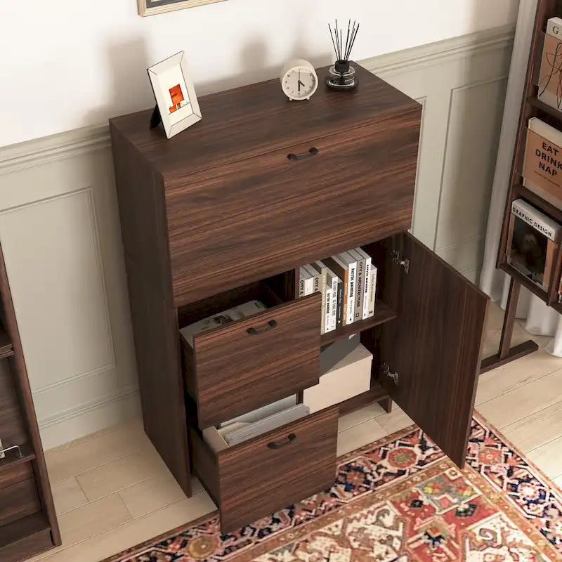 Mobiletto da scrivania, con cassetto e ripiani, piano pieghevole