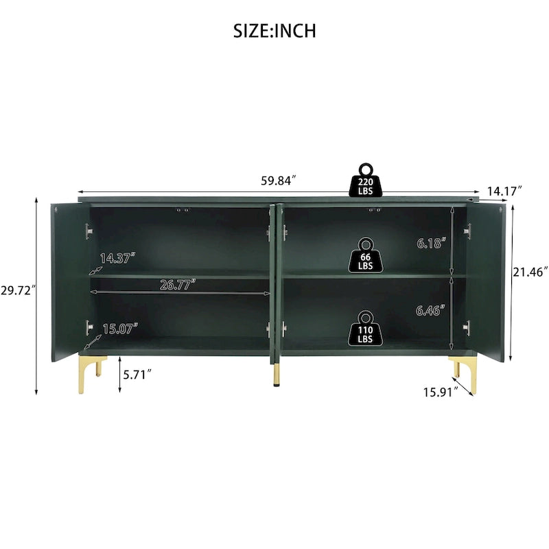 Credenza a 4 ante da 60" con ante intagliate e ripiani regolabili per ingresso, sala da pranzo, soggiorno