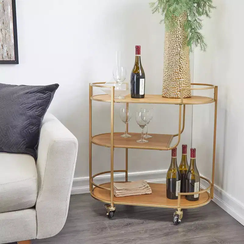 Carrello bar contemporaneo in metallo e legno, oro - Olivia & May: Nessun montaggio, 3 ripiani, per uso interno