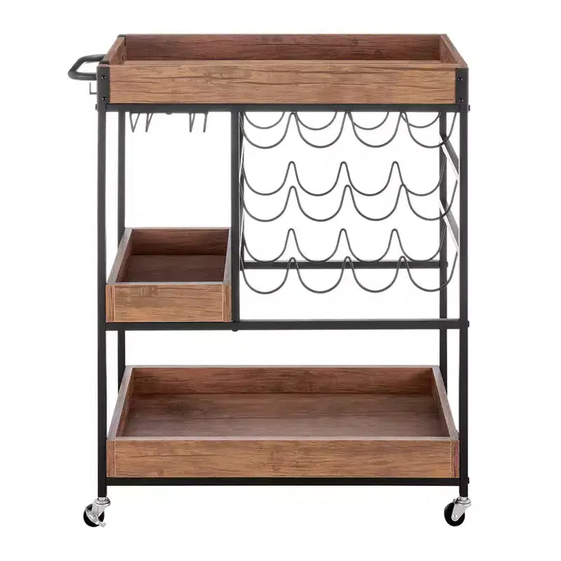 Carrello Bar Rustico in Legno di Noce e Metallo con Ruote Stile Fattoria 12 Bottiglie Marrone/Nero - Danya B.