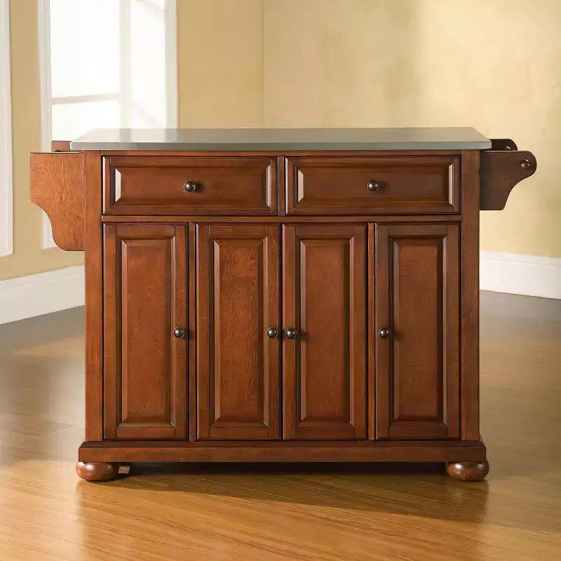 Isola da Cucina Alexandria con Top in Acciaio Inox Ciliegio - Crosley: Struttura in Legno, 4 Ante, 5 Cassetti, 6 Ripiani, Barra Portasciugamani
