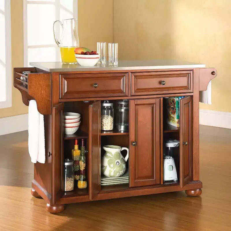 Isola da Cucina Alexandria con Top in Acciaio Inox Ciliegio - Crosley: Struttura in Legno, 4 Ante, 5 Cassetti, 6 Ripiani, Barra Portasciugamani