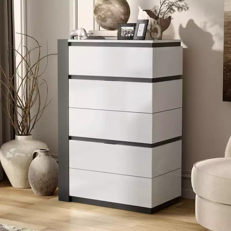 Cassettiera Pape Contemporanea a 5 Cassetti Bianco/Grigio Metallizzato - miBasics
