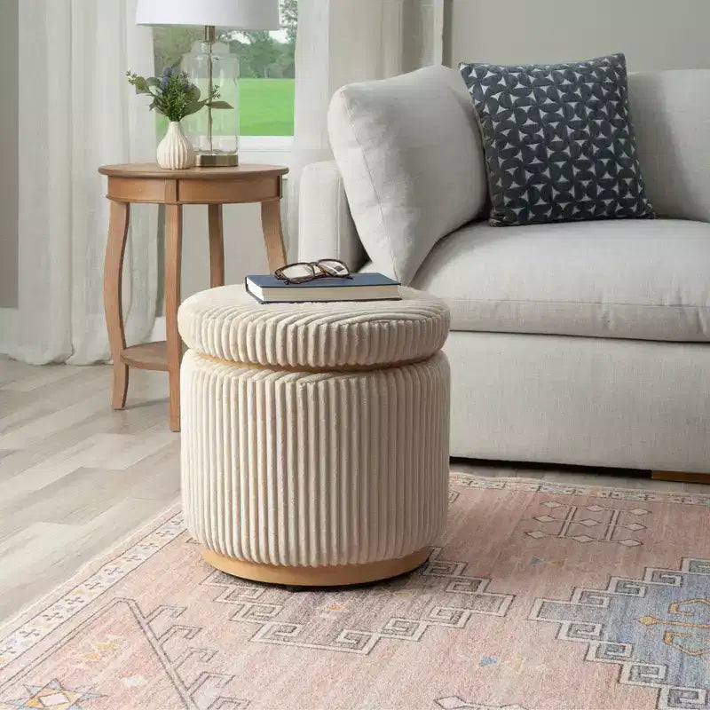 Pouff contenitore Linon Blanche in velluto a coste color crema