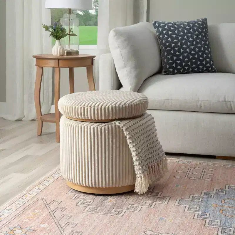 Pouff contenitore Linon Blanche in velluto a coste color crema