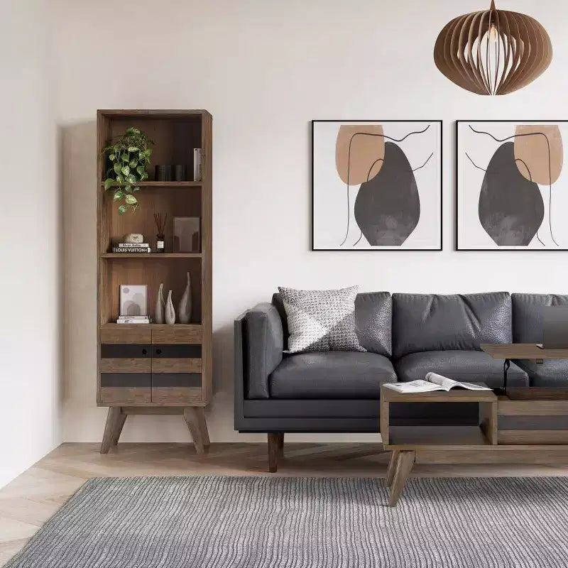 Libreria Wright da 70" con Vano Contenitore Marrone Naturale Rustico Invecchiato-WyndenHall: Metà Secolo, 2 Ante, 4 Ripiani